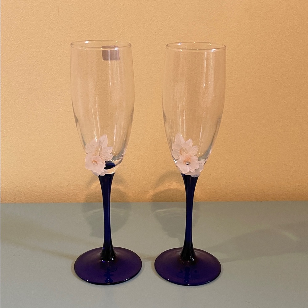 Vintage Liminarc Elegant Floral Champagne Flutes with Blue Stems